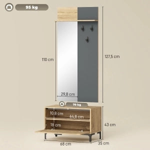 Set guardaroba da ingresso con specchio, panca portascarpe, 3 ganci e ripiano aperto, effetto legno naturale e grigio