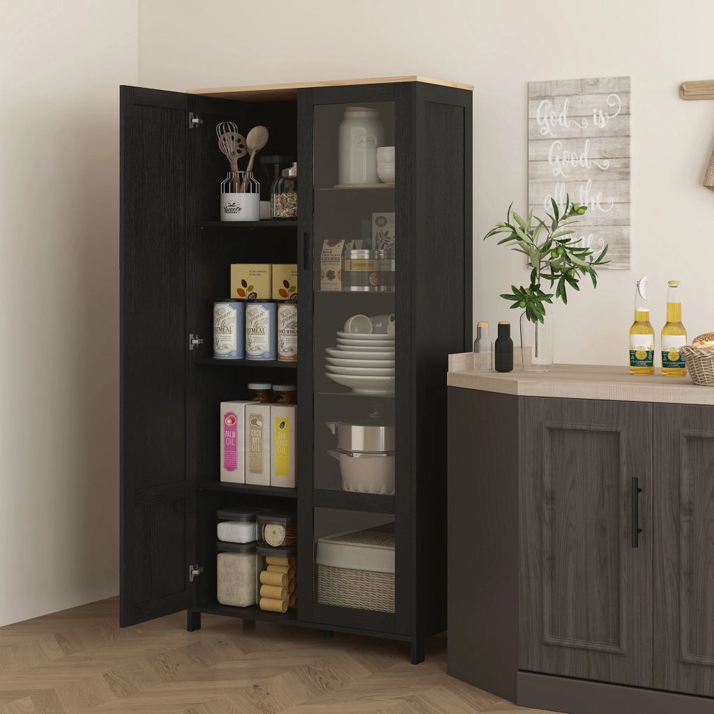 Credenza Stile Moderno Mobile Alto a 9 Ripiani Regolabili con Ante in Vetro 76x36x160 cm Nero e color Legno