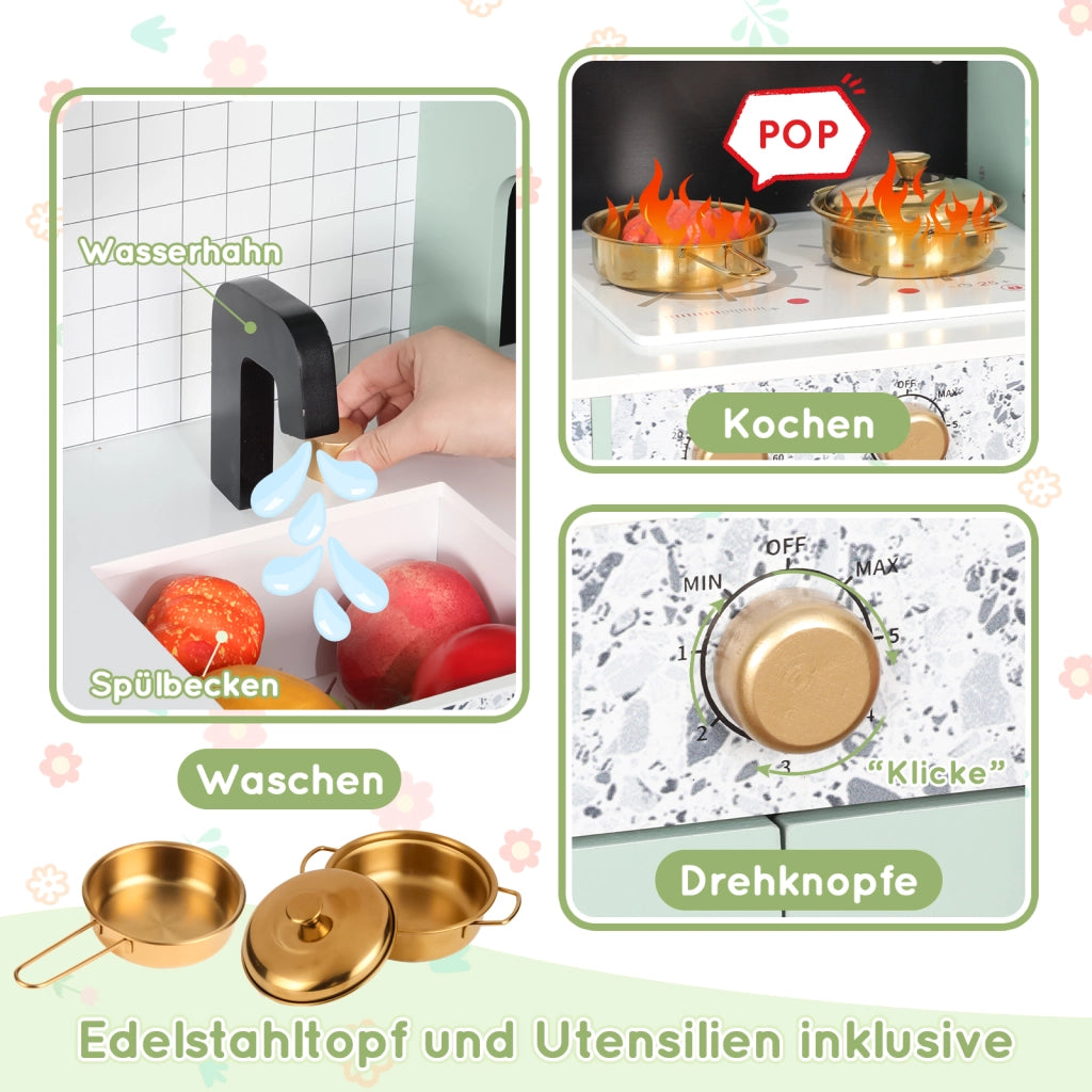Cucina giocattolo per bambini con macchina per bevande lavello e microonde girevole in MDF verde 30 × 90 × 98 cm