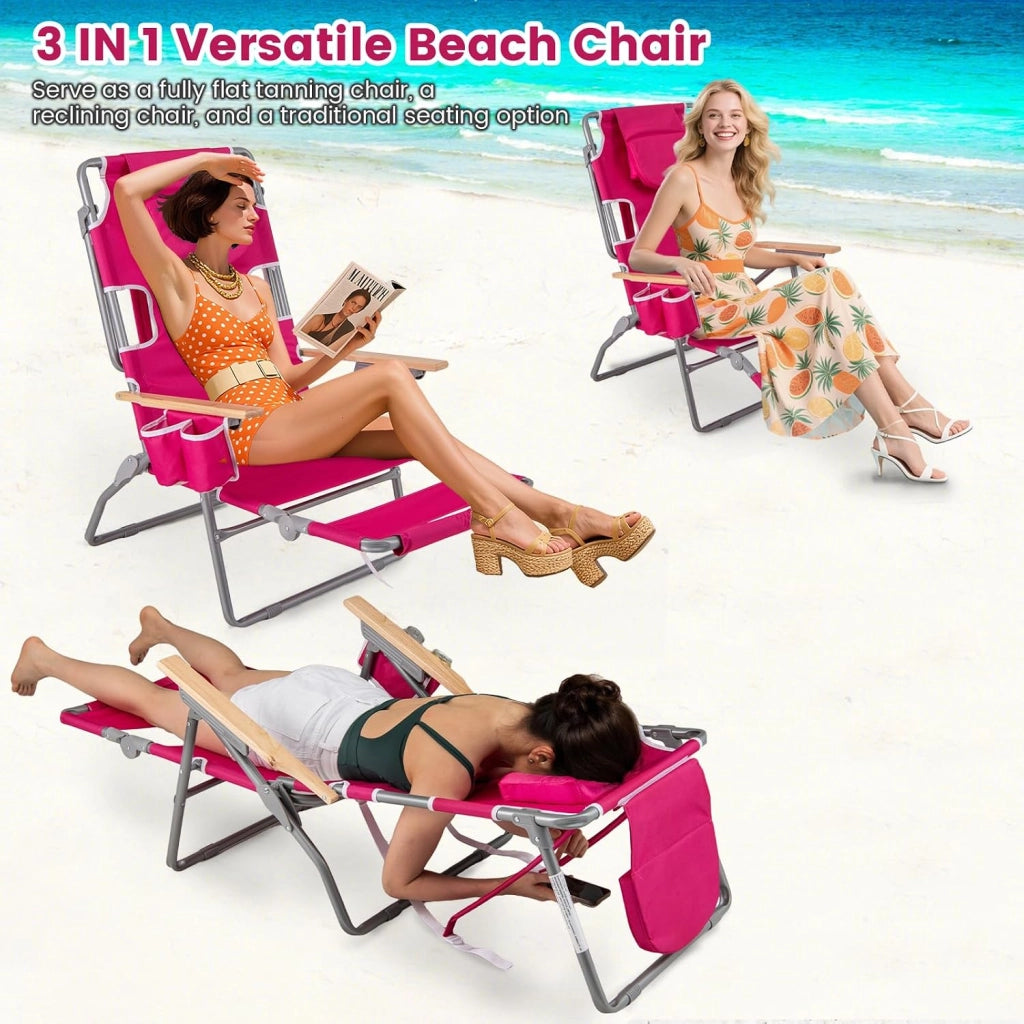 Sedia da spiaggia reclinabile con foro per il viso, sdraio pieghevole con schienale regolabile in 4 posizioni e poggiapiedi a 2 posizioni, lettino da giardino esterno, bagno di sole (rosso)