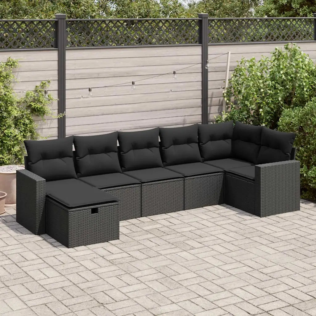 Set Divani da Giardino con Cuscini 7pz Nero Polyrattan