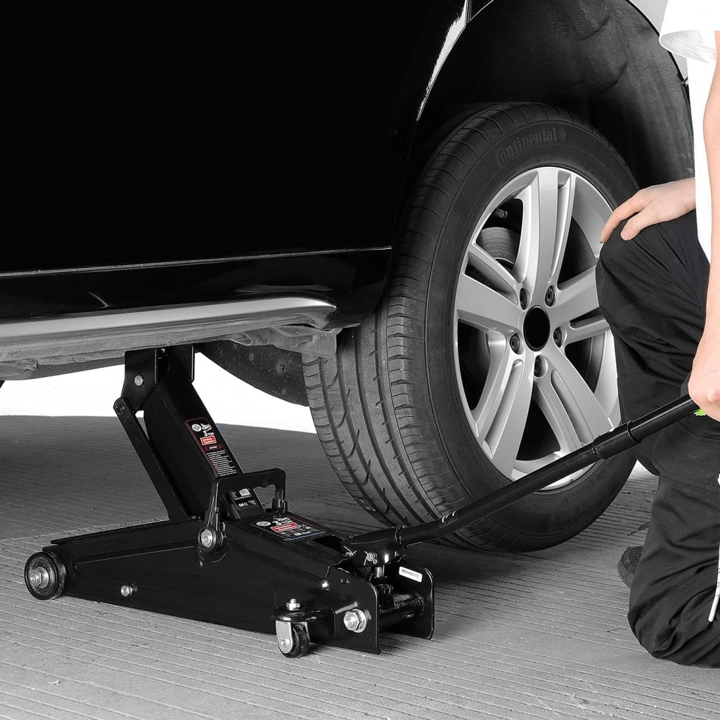 Cric idraulico auto 3 tonnellate maniglia rotelle manovrabile cuscinetto gomma martinetto sollevatore
