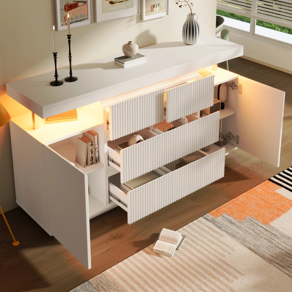 CREDENZA LED 150x40x78 cm Bianca in MDF e Metallo, 6 Cassetti e 2 Ante