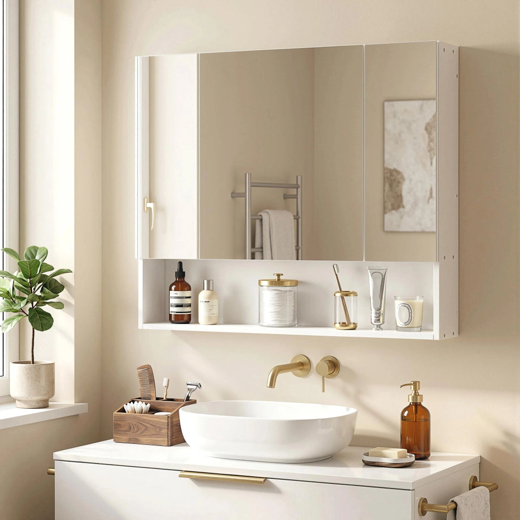 Armadio Bagno con Specchio 3 Ante ¨C zephmum ¨C Bianco 90x15x75