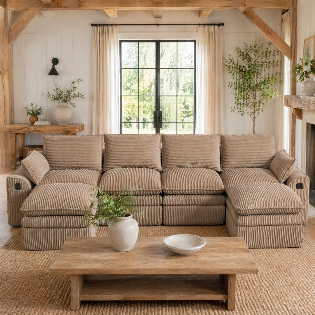 Divano modulare 4 posti in corduroy khaki con tasche laterali e cuscini; 335 x 167 x 85 cm