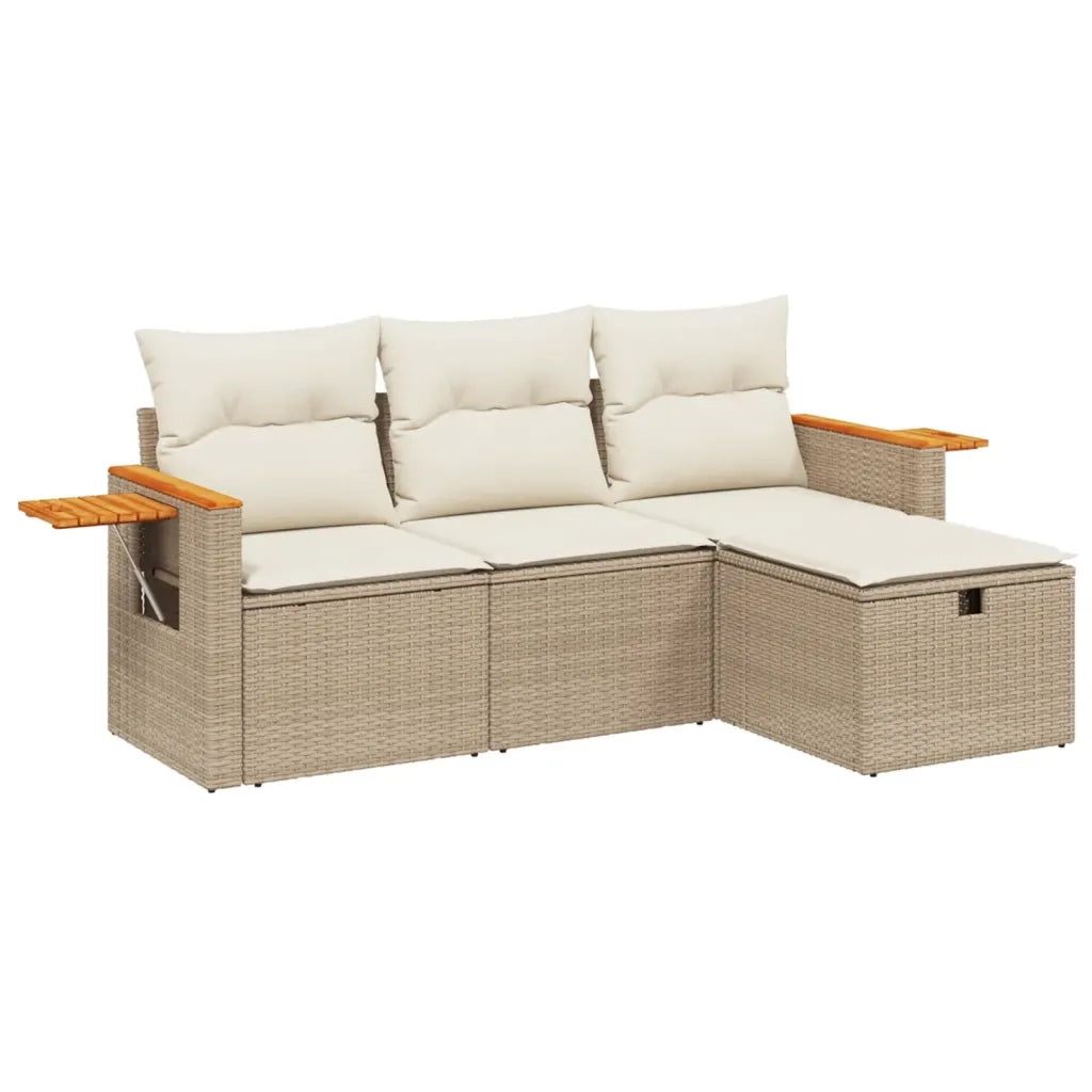 Set Divano da Giardino 4 pz con Cuscini Beige in Polyrattan