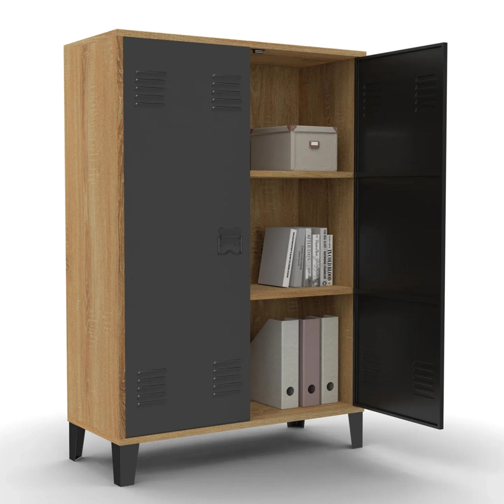 IDMarket - ESTER Mueble de café de 2 puertas de metal negro con marco de madera de diseño industrial