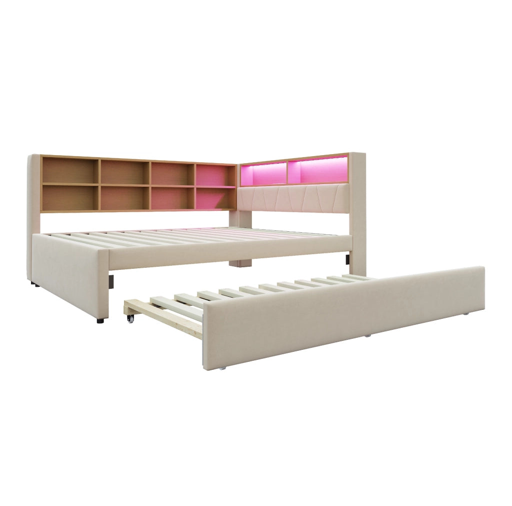 Divano letto 140x200 cm con letto estraibile 90x190 cm; LED e porte di ricarica in flanella
