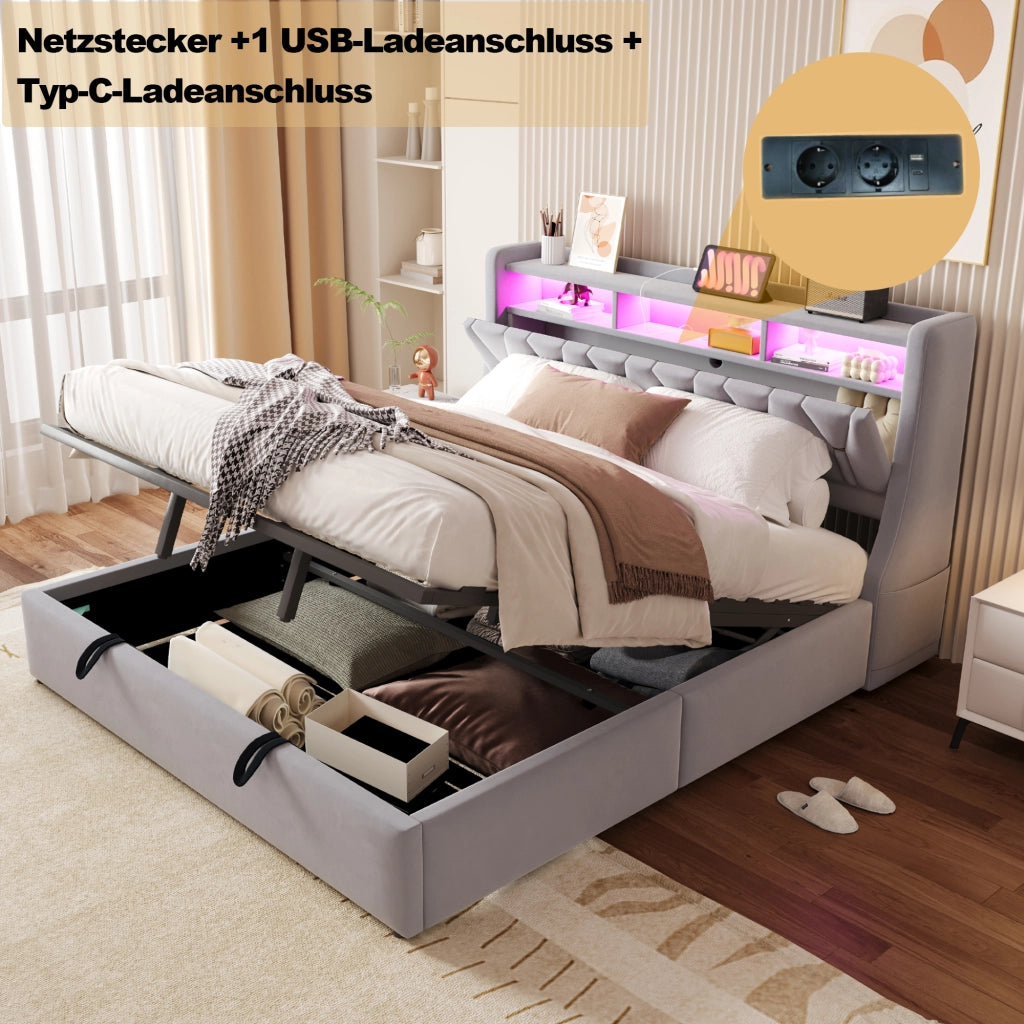 Letto matrimoniale contenitore 180x200 cm con testiera ribaltabile; prese; LED e piedi maggiorati; velluto grigio chiaro