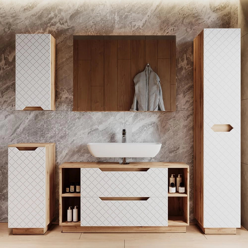 Set di mobili da bagno Lotta, Rovere/bianco con struttura in piastrelle, 2 parti