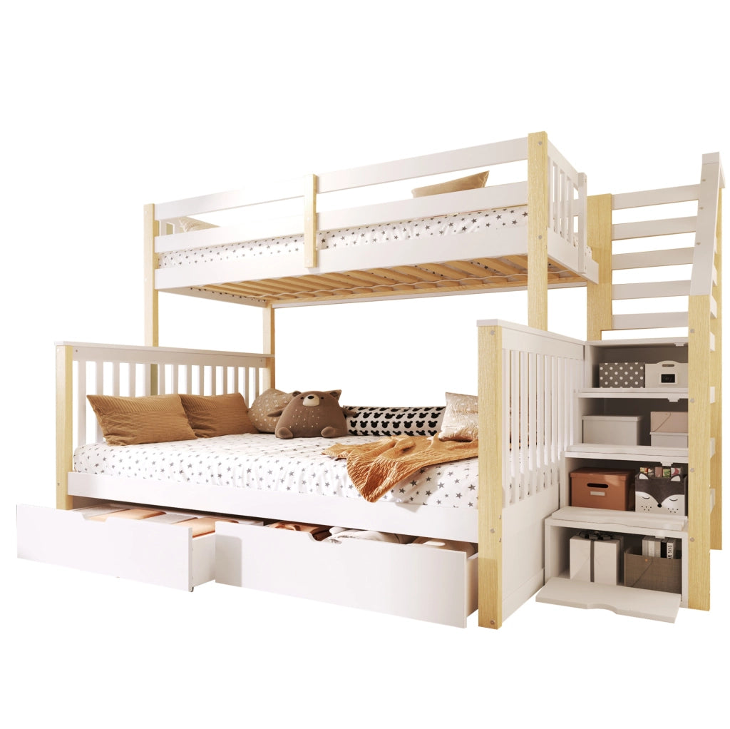 Letto a castello per bambini 90x200 e 140x200 cm in pino; bianco e naturale; con cassetti