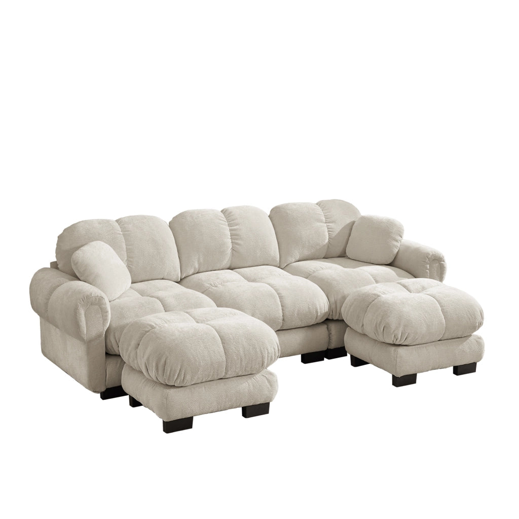 Divano modulare a U 3 posti con ottomana mobile 260x149x90 cm in chenille kaki chiaro