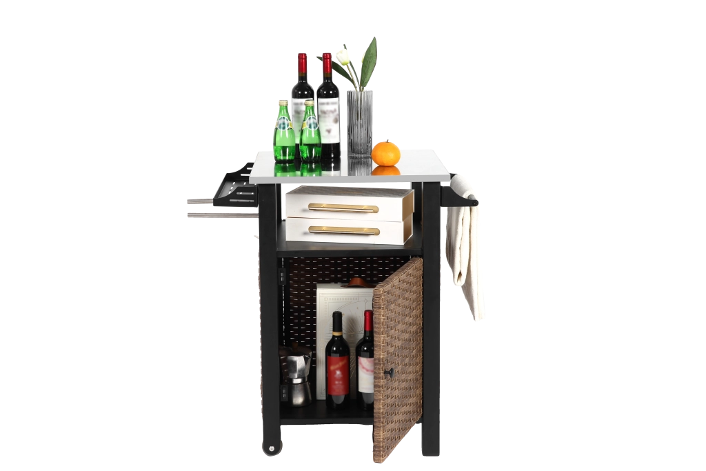 Carrello da cucina con 1 anta; cassetto; ripiani aperti e porta bicchieri; per esterno; in acciaio; marrone