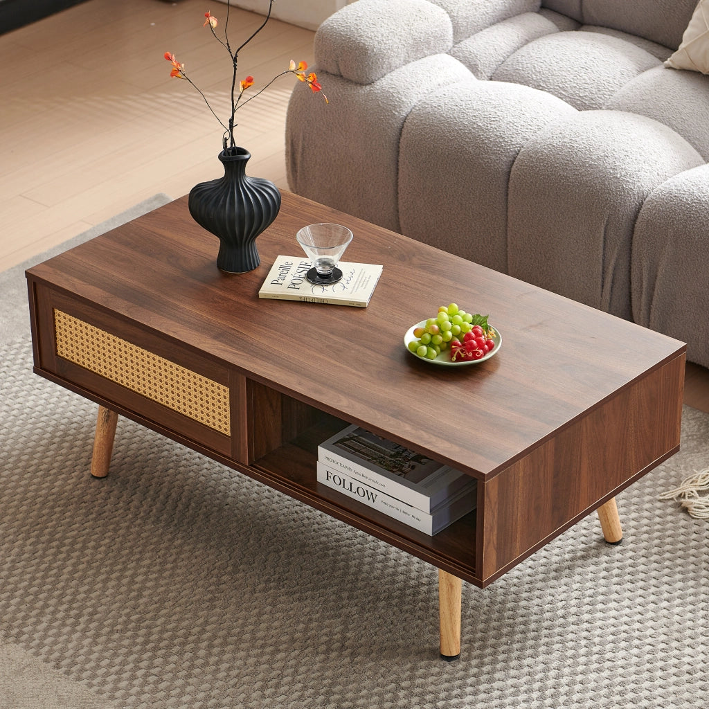 Tavolino da salotto in rattan con porta scorrevole; gambe in legno massello; stile naturale; per soggiorno; marrone; MDF