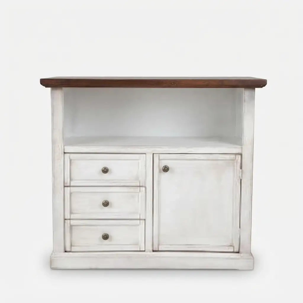Mobile Porta tv Shabby chic bicolore bianco anticato e noce anta telaio, 1 anta 3 cassetti 1 vano
