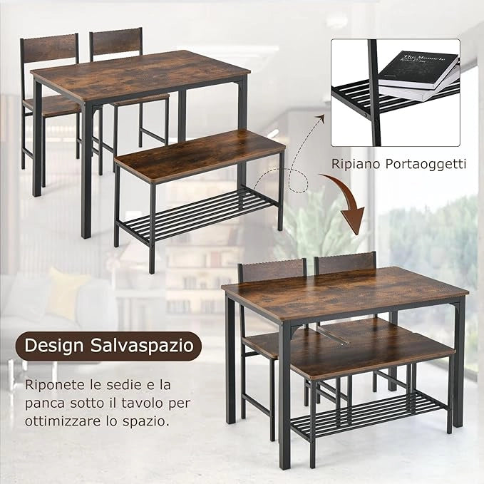 Set Tavolo e Sedie da Cucina 4 Pezzi, Tavolo da Pranzo con 2 Sedie e 1 Panca, Set Mobili da Cucina Salvaspazio con 4 Posti, per Cucina, Sala da Pranzo, Soggiorno (Caffè)