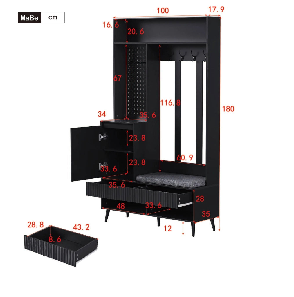 Mobile ingresso con panca; 4 ganci; 2 cassetti e vano contenitore; 100x35x180 cm; nero