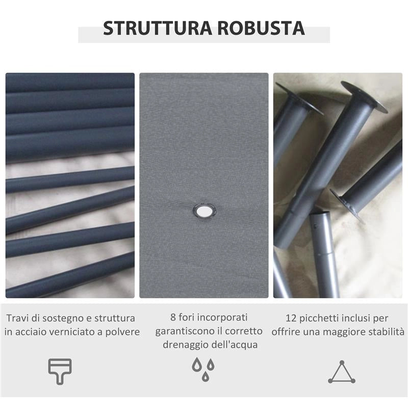GAZEBO 3X4 M CON 6 PARETI RIMOVIBILI, 8 FORI DI DRENAGGIO E 12 PICCHETTI, IN ACCIAIO E POLIESTERE, GRIGIO E NERO