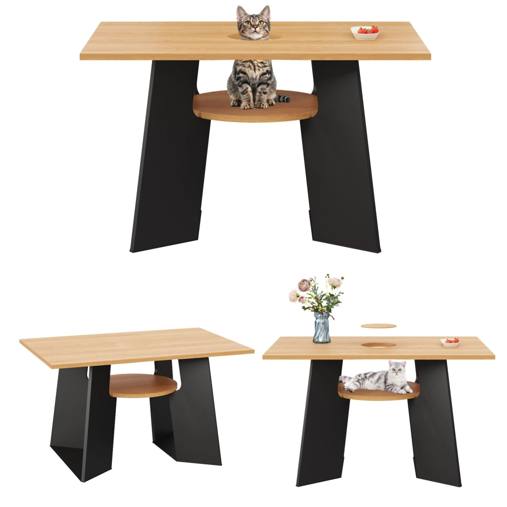 Tavolo da pranzo con area per gatti e ripiano inferiore, piano apribile, per cucina e sala da pranzo, nero e naturale, 130 × 85 × 75 cm
