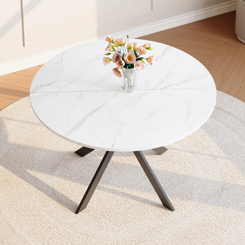Tavolo da Pranzo Rotondo con Struttura a X; Effetto Marmo; per Cucina e Sala da Pranzo; in MDF e Metallo