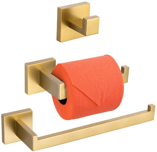 Set di accessori da bagno in acciaio inossidabile, SUS 304, contenitore per le salviette, appoggio per il rullo del water, appoggio per il gommato, fissaggio alla parete, finitura a sborracchiotto dorato, Q7010GD