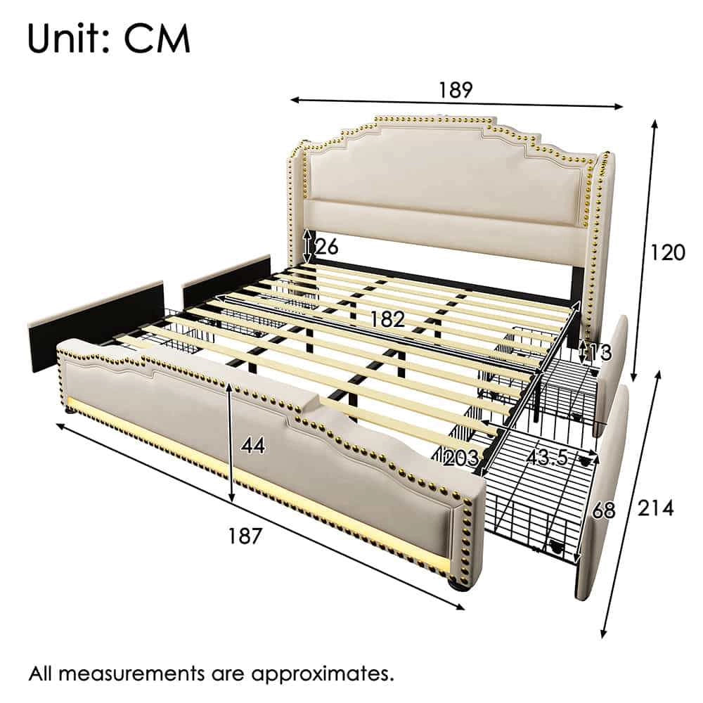 Letto matrimoniale-Xylo-180x200 cm-4 cassetti, LED, USB-C, velluto beige, senza materasso