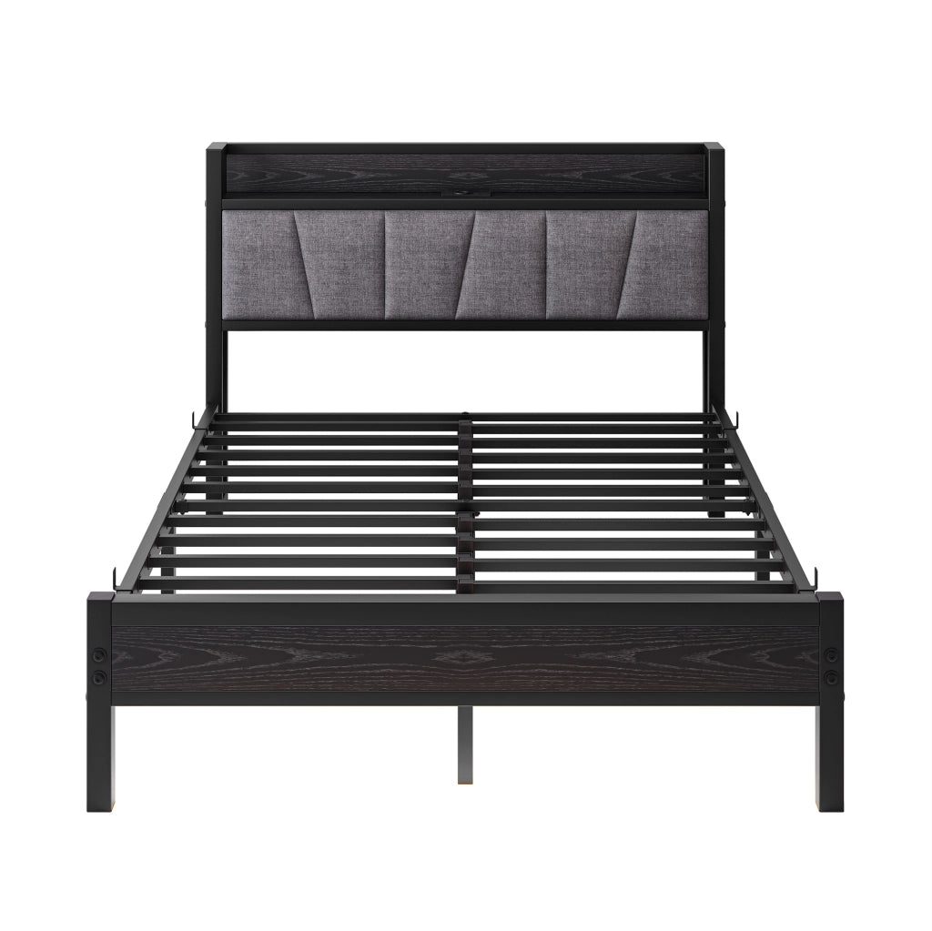 Letto ULEVR 140x190 cm con testiera contenitore, LED, 2 USB e presa, struttura in metallo e MDF nera