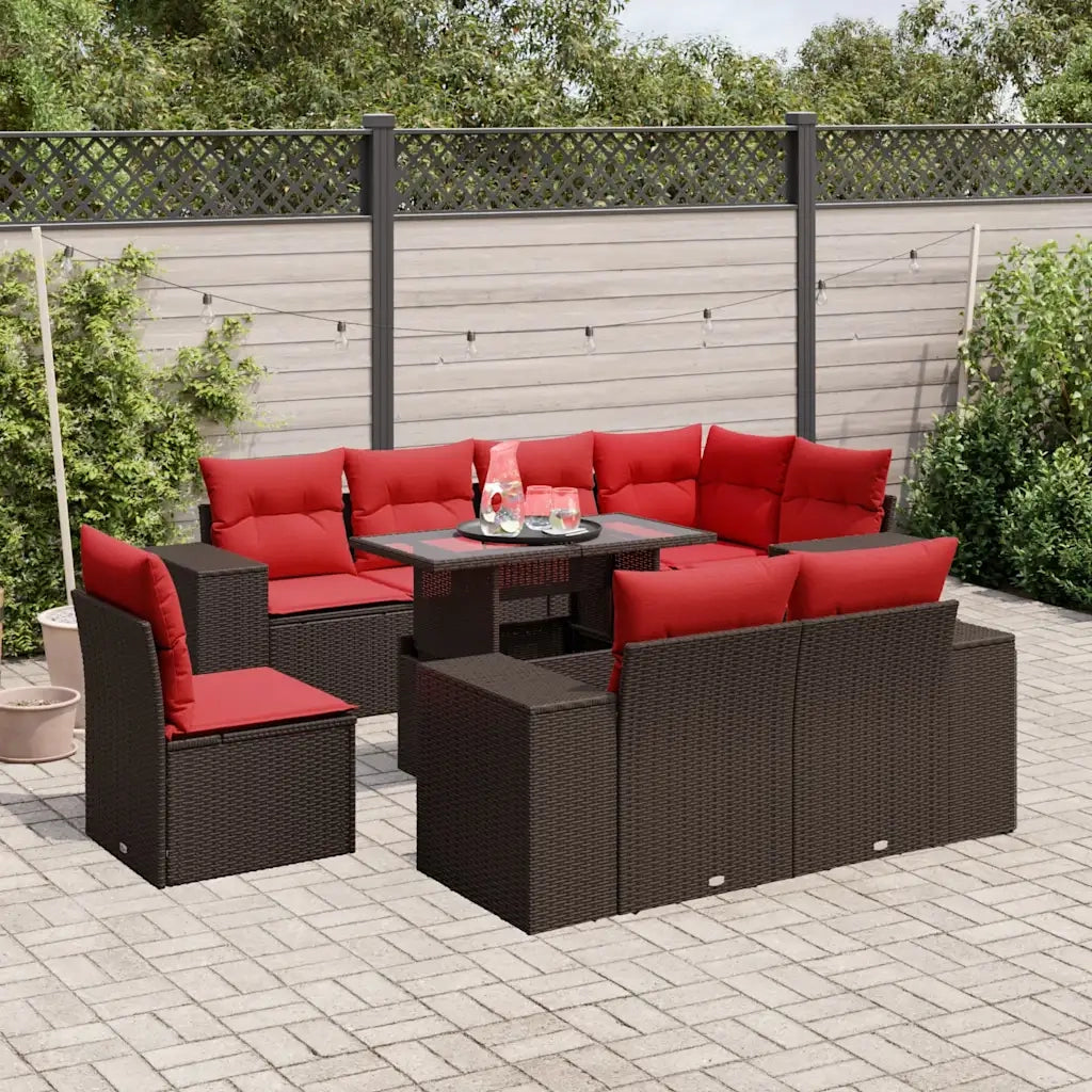 Set Divani da Giardino 9 pz con Cuscini Marrone in Polyrattan 3269304