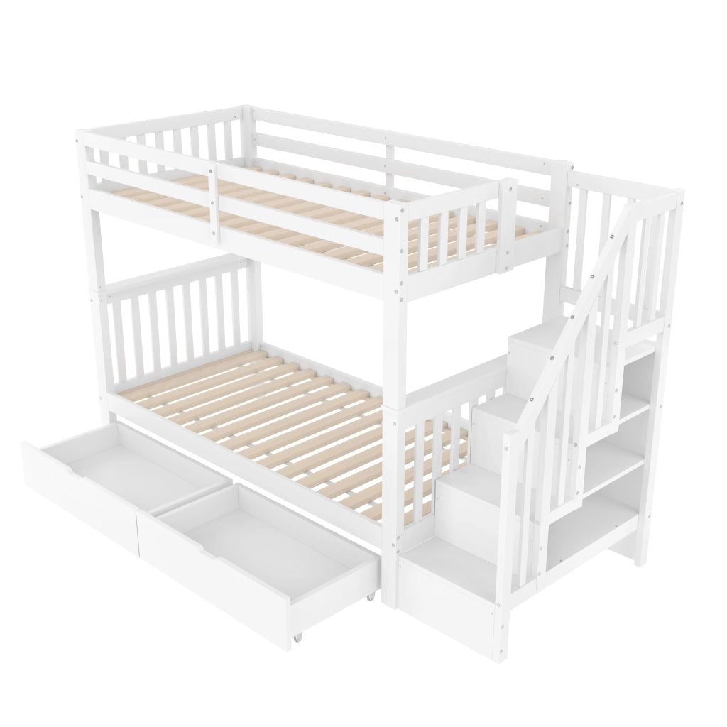 Letto a Castello 90x200 cm; 2 Posti; con 2 Cassetti; Scaffale scale e sponde alte - Bianco