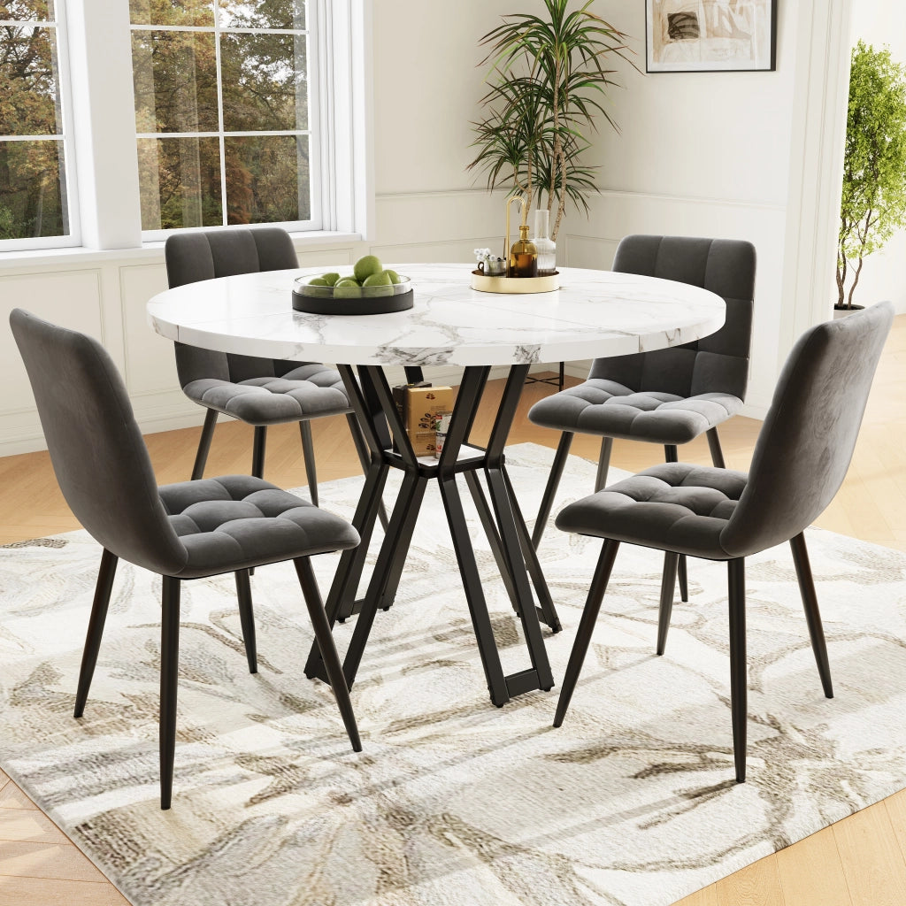 Tavolo da pranzo per 4 persone con 4 sedie, piano marmorizzato, gambe nere, in MDF e metallo, 100 × 100 × 76 cm