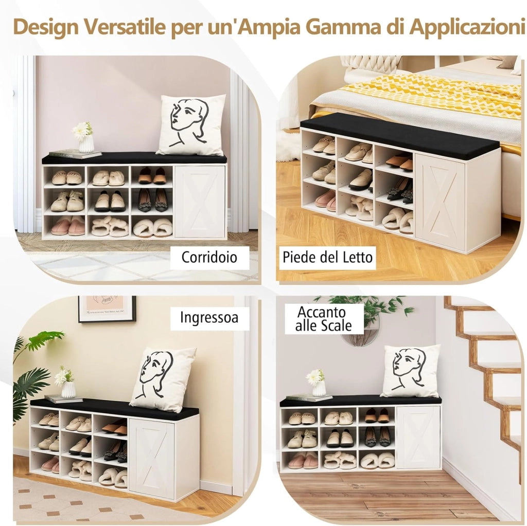 Panca Scarpiera da Ingresso, Scarpiera con Seduta Imbottito, 9 Scomparti e Armadio con Ante, Panca Contenitore con Ripiani Regolabili, per Camera da Letto Corridoio, 110,5x30x49 cm (Bianco)
