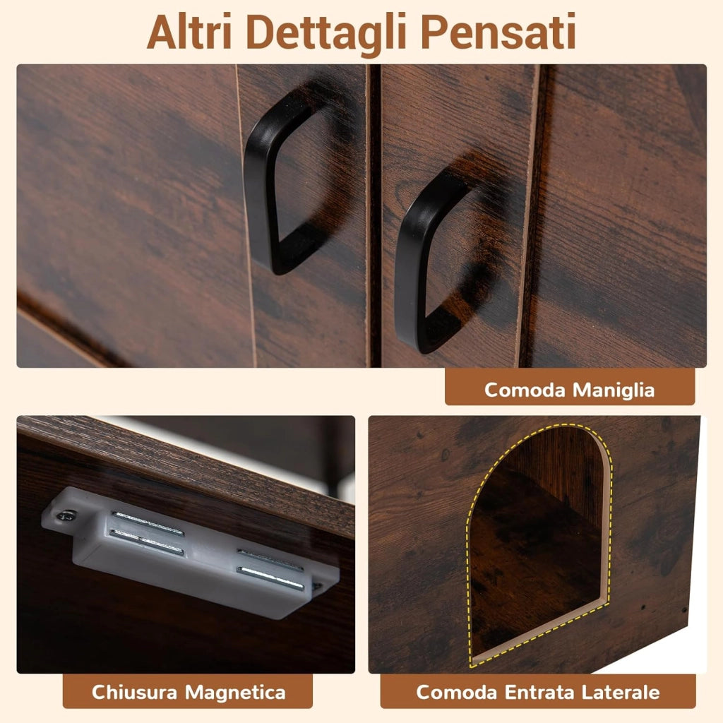 Mobile per Lettiera per Gatti, Mobile Nascosto per Gattini con 3 Ripiani, 4 Ganci, Armadietto a 2 Ante, Ingresso Laterale e Struttura in Metallo, Toilette Industriale per Gatti (Marrone)