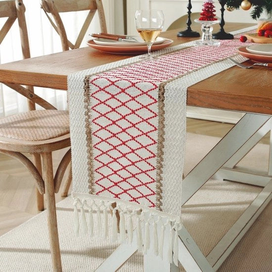 Tavolo con tovaglia di lino di cotone a quadretti - 30x240cm - tavolo da pranzo bohemien neutrale - decorazione di campagna - ideale per la decorazione del tavolo, matrimoni, feste e decorazione della testiera del letto