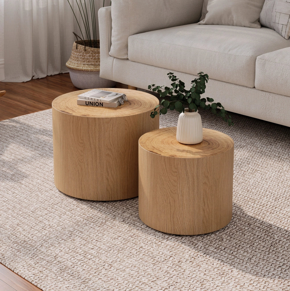 Set di 2 tavolini rotondi 48 e 38 cm legno naturale; MDF impilabili