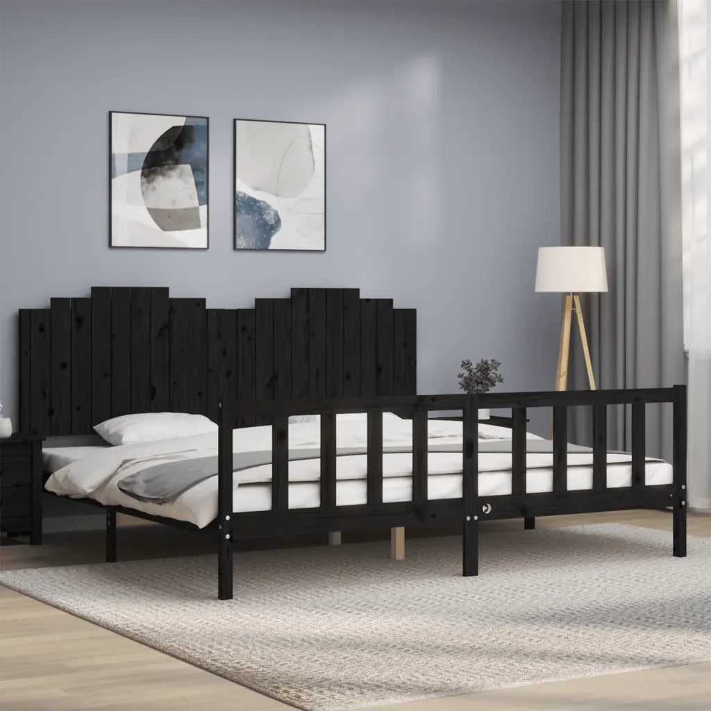 Letto matrimoniale | Letto per adulti | Giroletto con Testiera Nero 200x200 cm in Legno Massello
