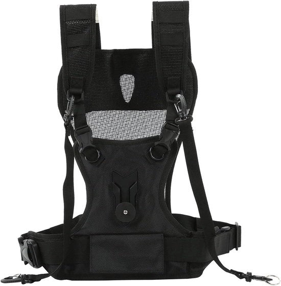 Cinturone a doppio contenitore con rilascio rapido - Regolabile - Nylon - Comodo - Respirante - Cintura pettorale - Visiera di sicurezza per fotocamera - Tasca di stivaggio - Cinturino - Fotografia studio - Sport - Natura - Sostenibile.