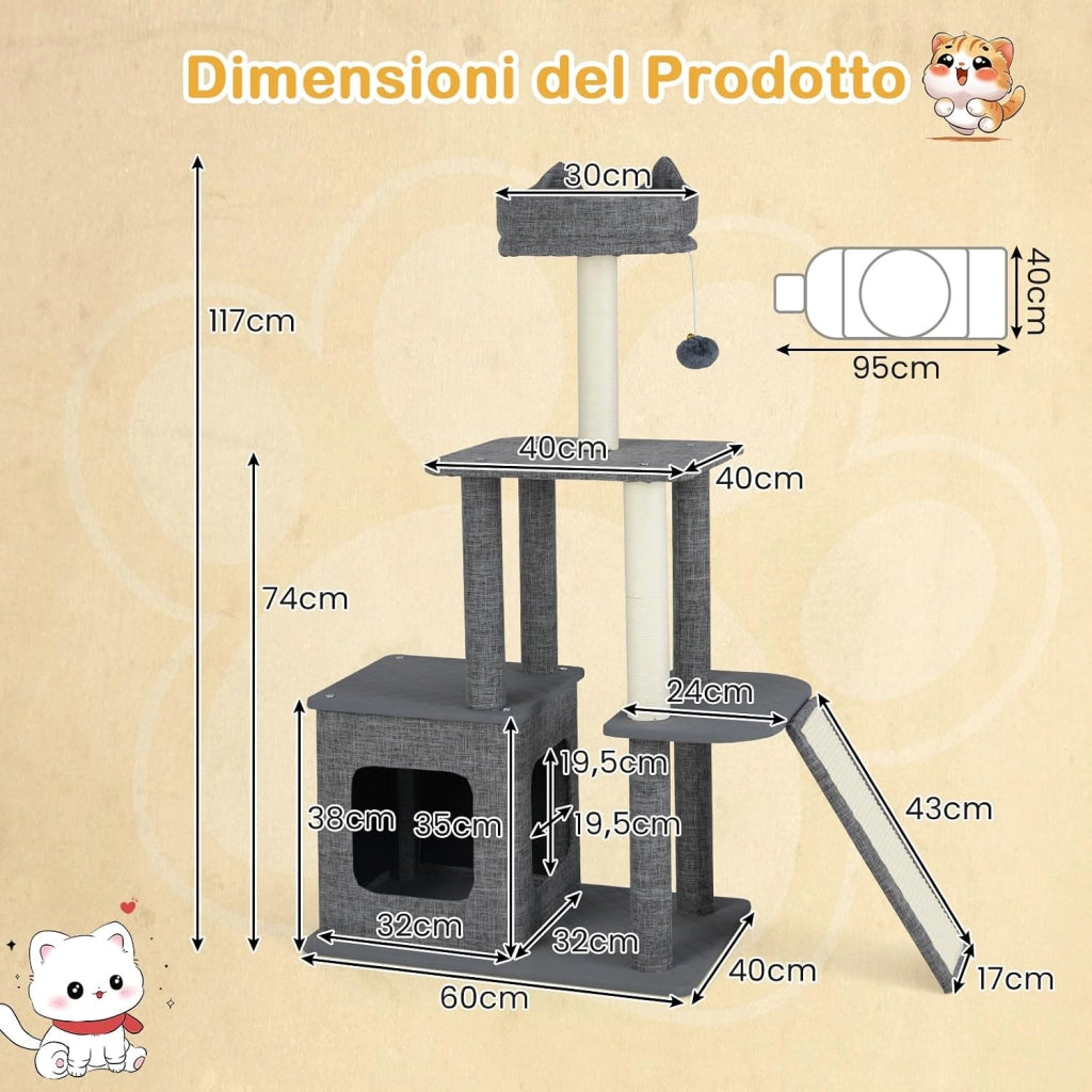 Tiragraffi per Gatto Alto 117 cm, Albero Tiragraffi Gatto con 5 Piattaforme, 2 Pali Sisal e Pallina Pompon, Torre Tiragraffi per Gatti con Grotta e Trespolo, Grigio