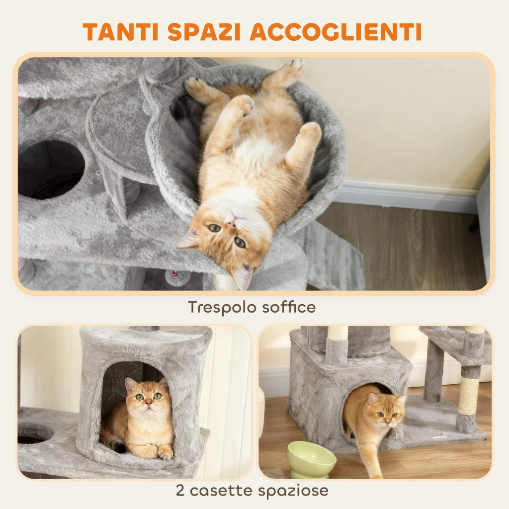 Albero Tiragraffi per Gatti con Casette, Amaca e Tunnel ¨C Zephmum ¨C Grigio 60x40x170 cm