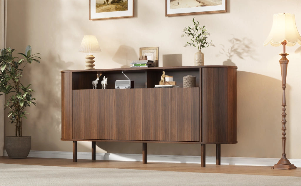 Credenza e madia con 3 ante a onde e 2 vani aperti, per soggiorno, in truciolare, noce, 160 × 40 × 78,5 cm