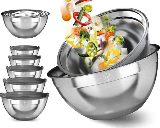 Set di contenitori in acciaio inossidabile 5 pezzi con coperchio (14 a 76 litri) - mescolatore e frullatore con scala - contenitori con fondo in silicone - accessori da cucina set di scatole