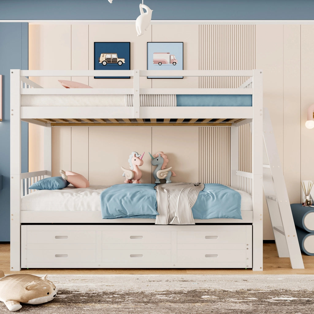 OKWISH Letto a Castello 90×200 cm, Letto 3 Posti con Letto Estraibile, 3 Cassetti e Scala, senza Materasso, in Pino, Bianco