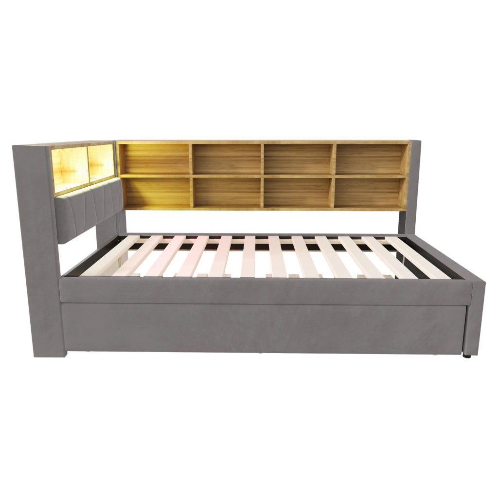 OKWISH Letto Divano 90×200 cm, Letto Singolo con Letto Estraibile 90×190 cm, LED, USB e Tipo C, senza Materasso, Flanella, Grigio Scuro