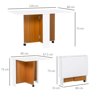Tavolo pieghevole con ruote, tavolo da pranzo salvaspazio in bianco e rovere, piano apribile, 120x80 cm