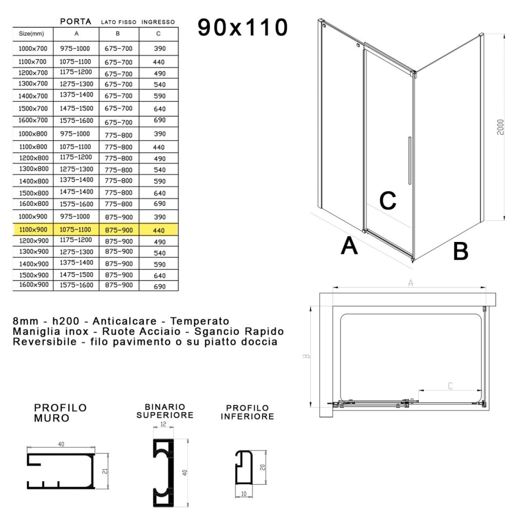 Box doccia due lati in cristallo 8mm h200cm anticalcare target, misura 90x110