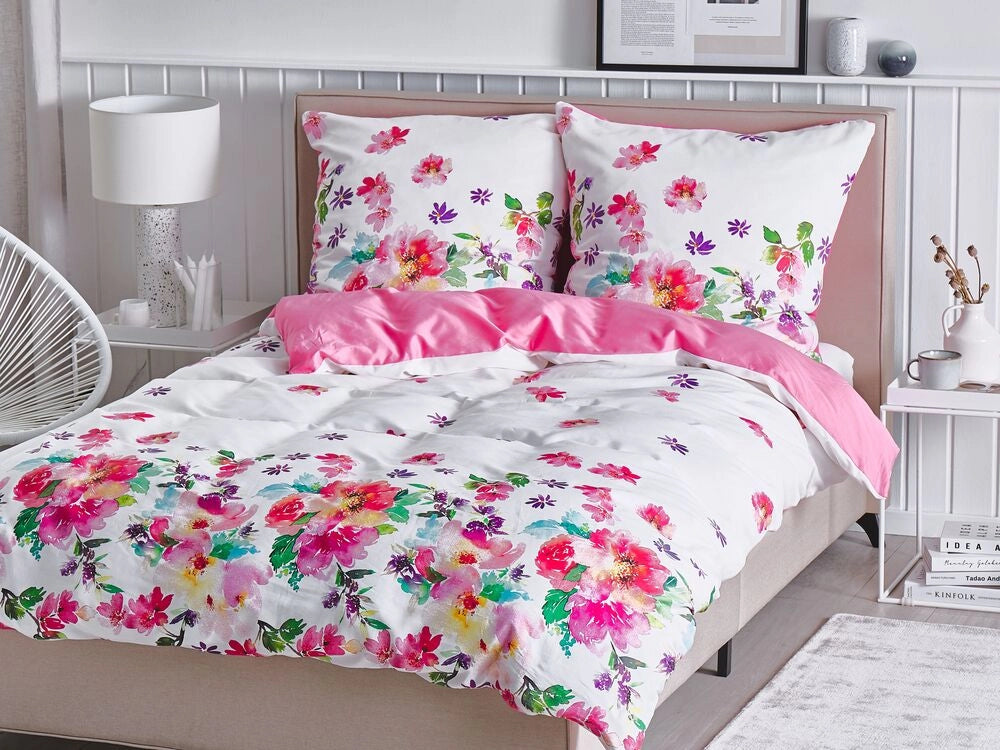 Set Copripiumino e Federa Bianco e Rosa 155 x 220 cm Cotone Stampa Floreale Camera da Letto Moderna