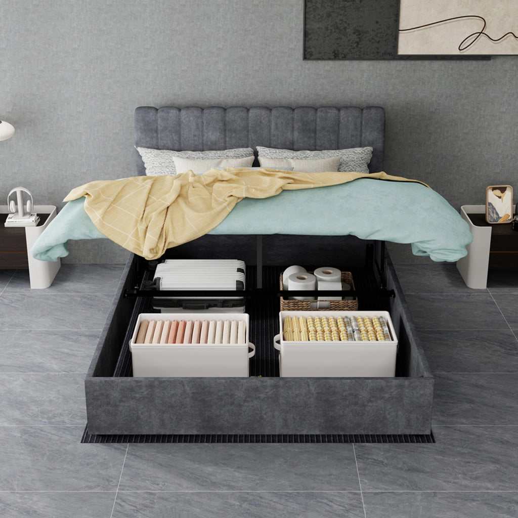 Letto matrimoniale imbottito 140x200 cm in tessuto effetto velluto grigio