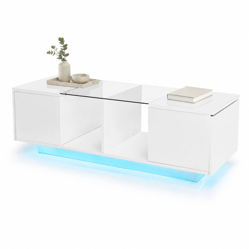 Tavolino da caffè moderno bianco 120 x 50 x 38;5 cm con LED e piano in vetro