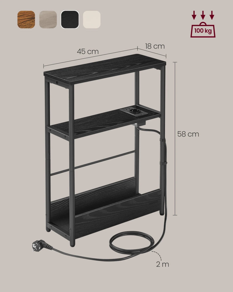 Tavolino sottile con multipresa 18 x 45 x 58 cm comodino a 3 ripiani tavolino per piccoli spazi portariviste soggiorno camera da letto ufficio tavolini laterali nero 12_0007556