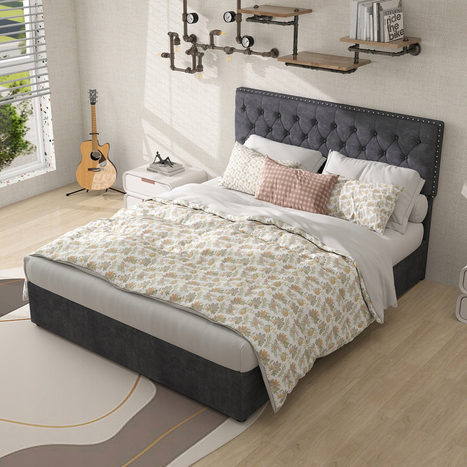 Letto imbottito 140x200 grigio - Xylo - Base sollevabile