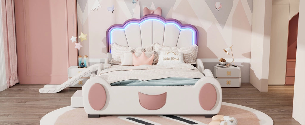 DESMIU Letto per bambini 2 posti con scivolo, scala e LED regolabile 140 × 200 cm, senza materasso, rosa e bianco